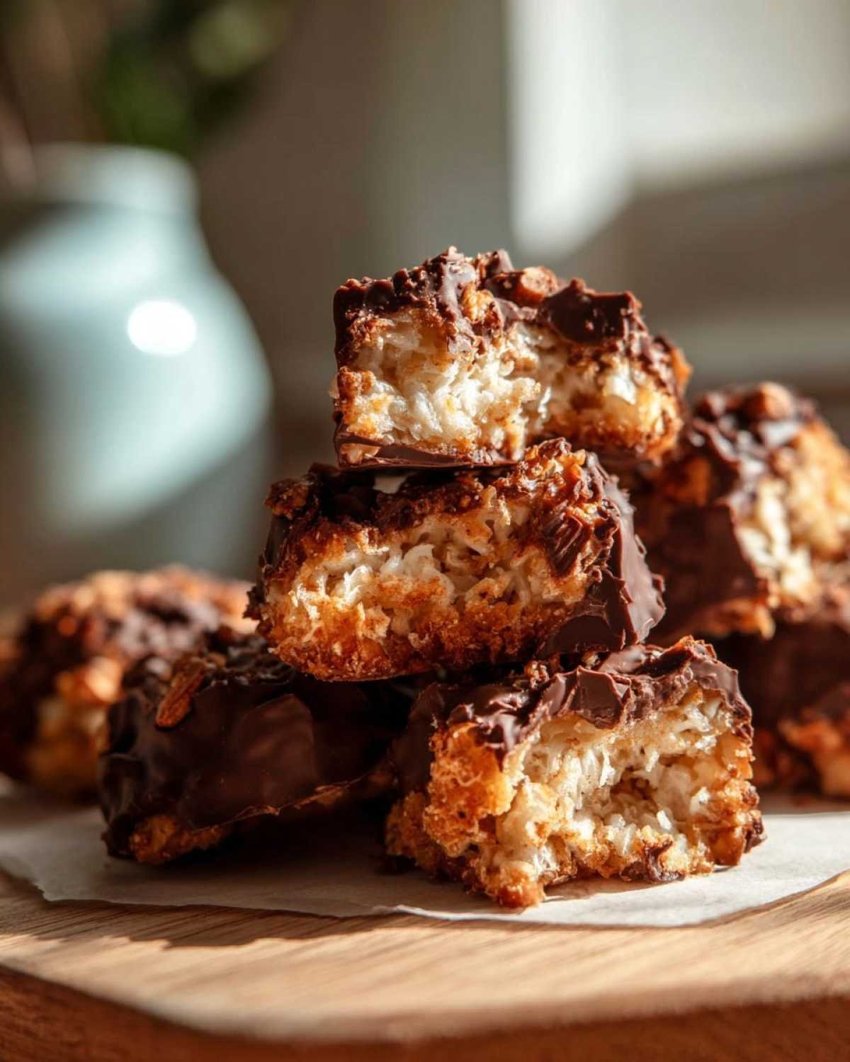 Gros plan de barres Almond Joy maison healthy au chocolat et à la noix de coco, coupées en deux pour montrer l'intérieur.