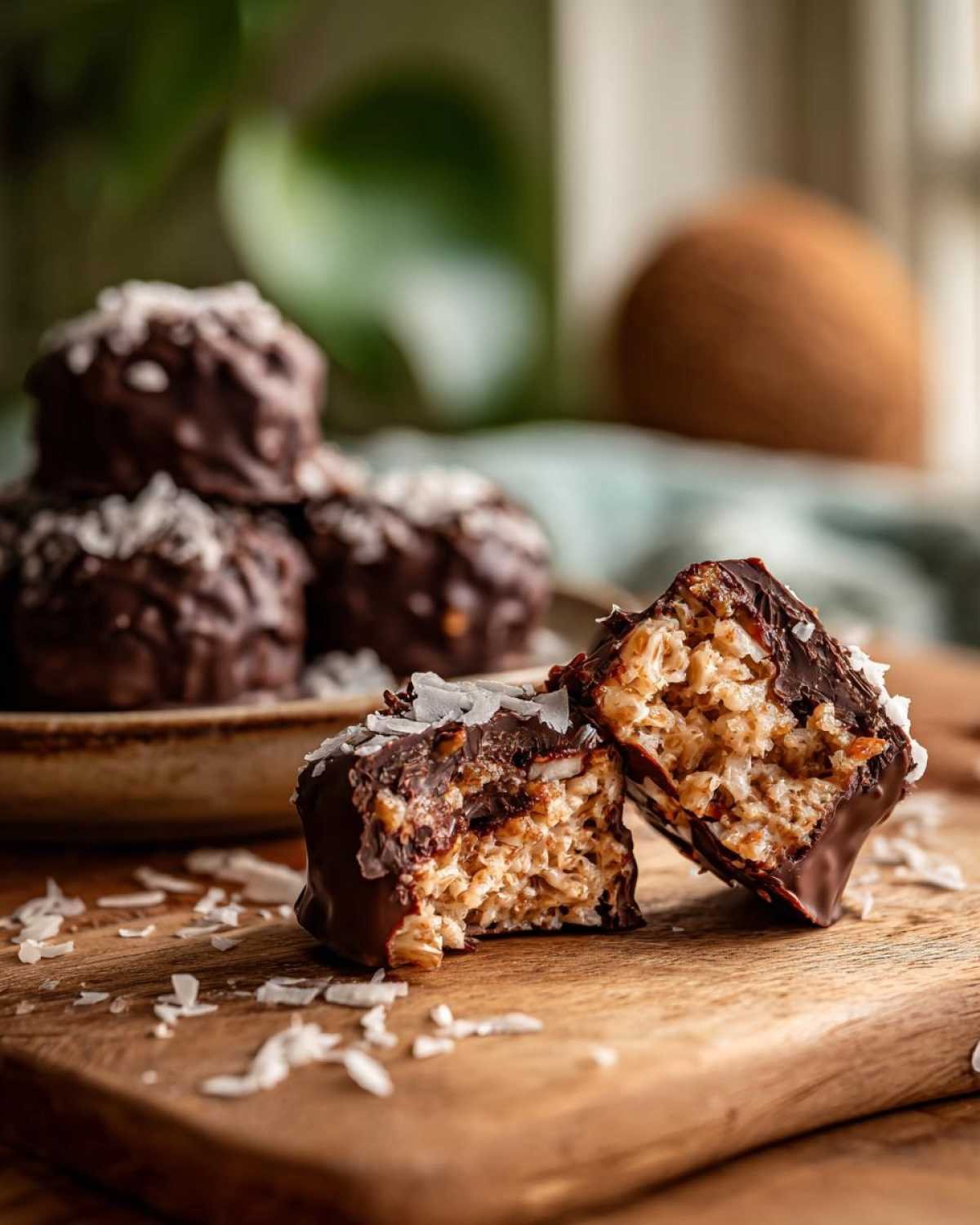 Gros plan d'un Almond Joy maison healthy coupé en deux, révélant la garniture de noix de coco et d'amande enrobée de chocolat.