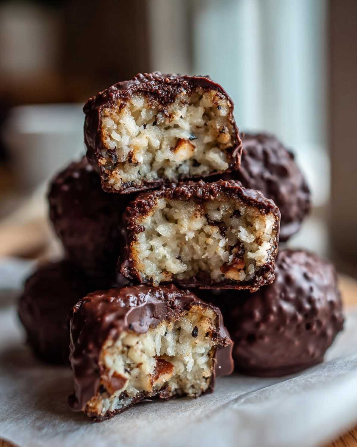Gros plan sur des Almond Joy maison healthy coupés en deux, révélant la noix de coco râpée et les amandes enrobées de chocolat noir.