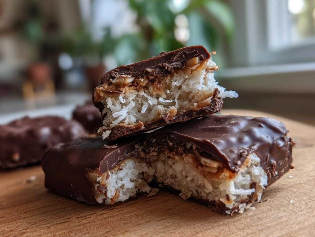 Gros plan sur un Almond Joy maison healthy coupé, révélant la garniture de noix de coco râpée, d'amandes et de chocolat noir.