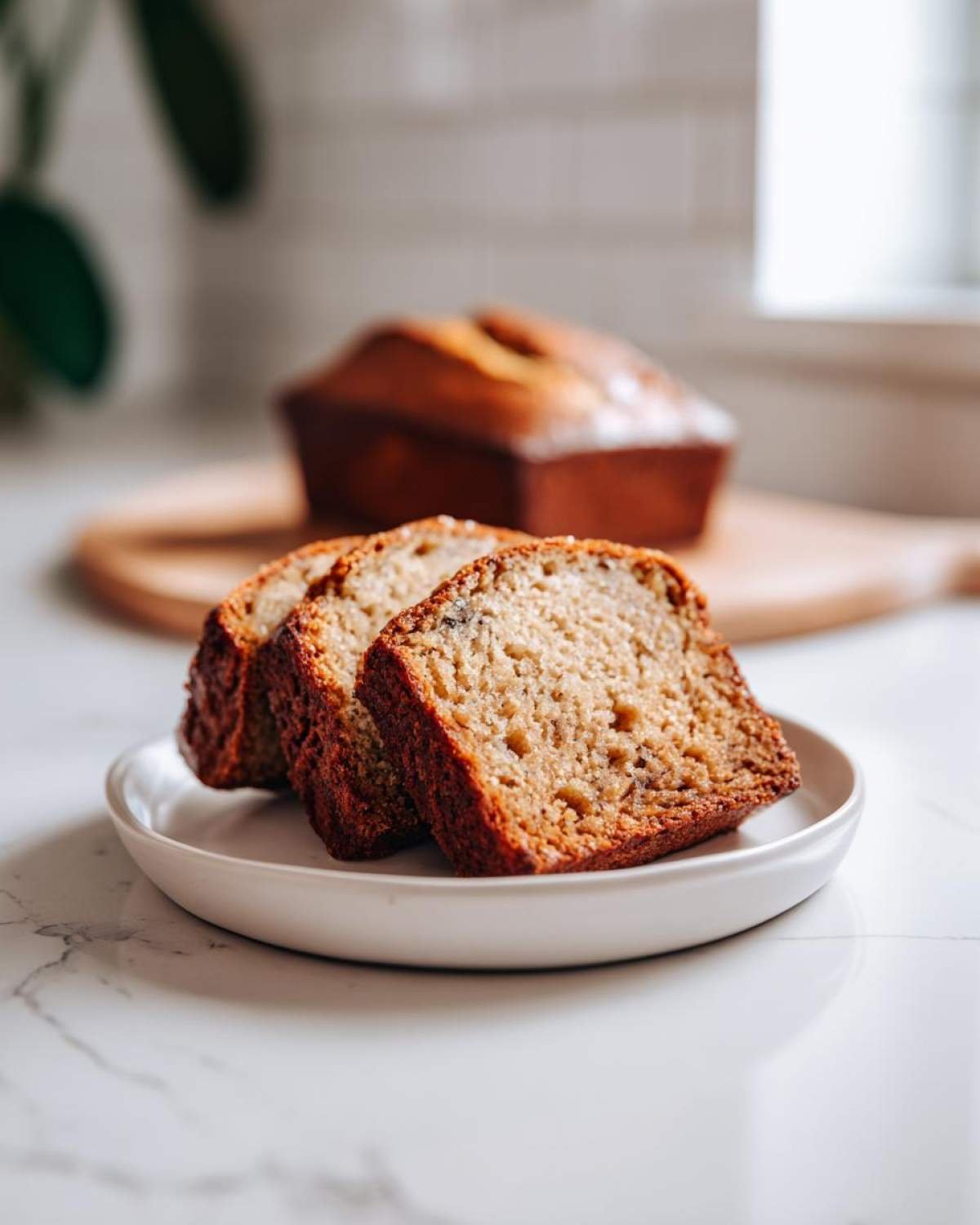 Tranches de banana bread moelleux sur une assiette blanche, avec un pain entier en arrière-plan.