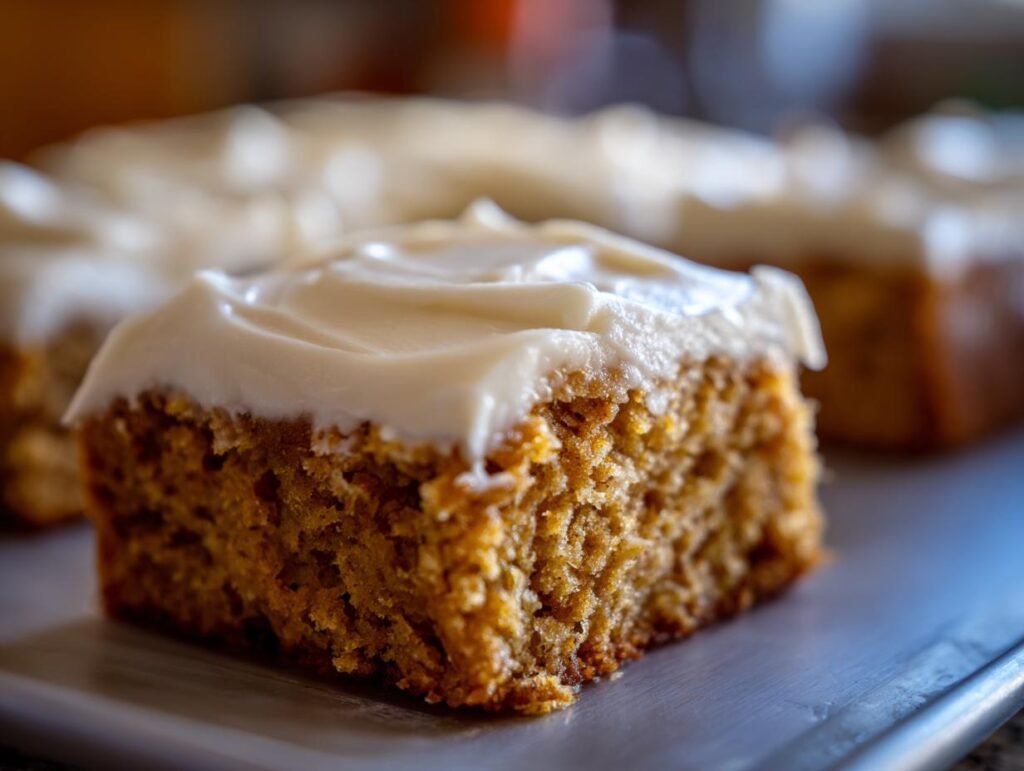 Gros plan d'une barre à la banane moelleuse et dorée, généreusement recouverte d'un glaçage blanc crémeux.