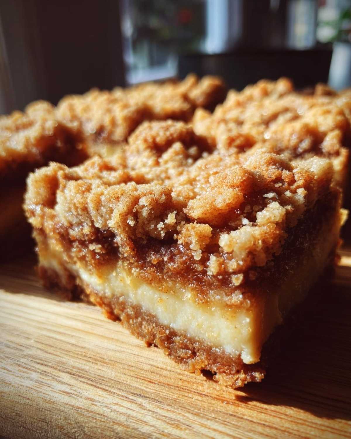 Gros plan d'une barre cannelle crumble keto sur une planche en bois, montrant les couches de pâte, de garniture crémeuse et de crumble.