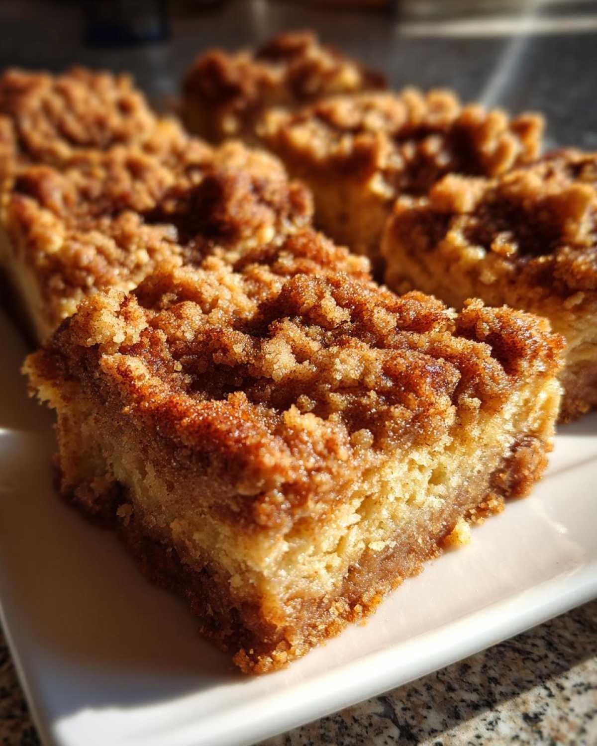 Gros plan sur des barres cannelle crumble keto sur une assiette blanche, montrant la texture croustillante du crumble.