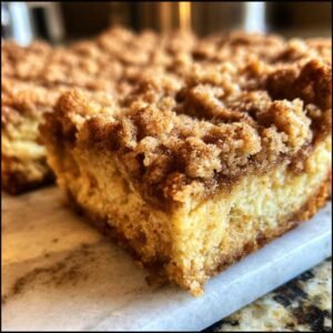 Gros plan d'une barre cannelle crumble keto, montrant la texture du crumble et du gâteau moelleux.