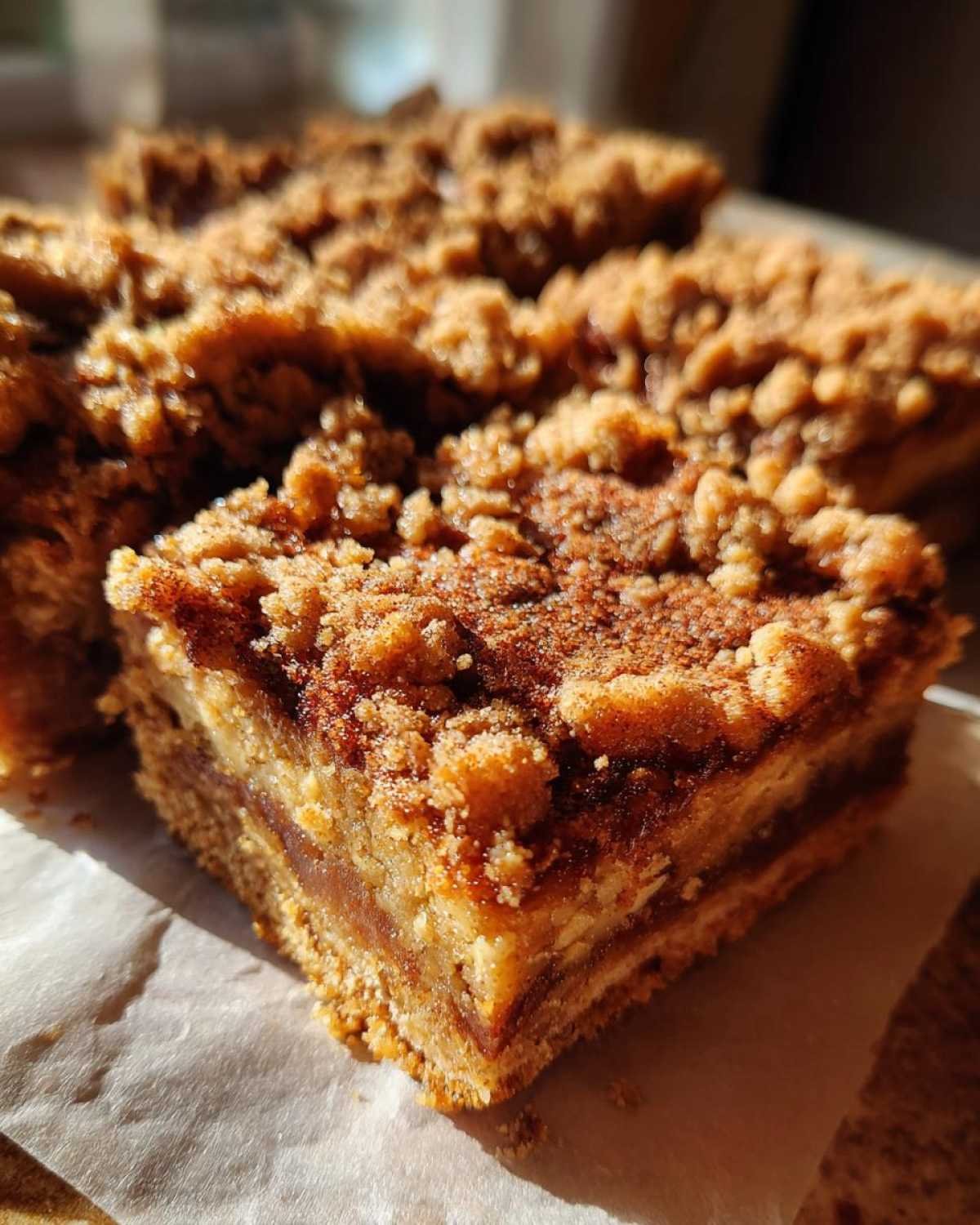 Gros plan d'une barre cannelle crumble keto, avec une garniture croustillante et une couche de cannelle.
