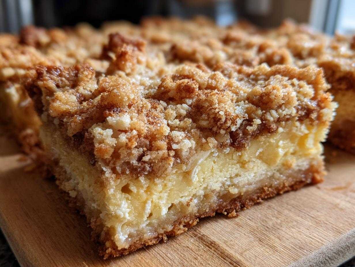Gros plan sur une tranche de barres cannelle crumble keto, montrant la texture du crumble et le moelleux intérieur.
