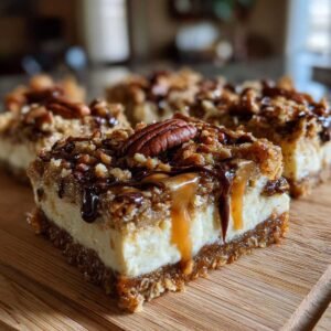 Gros plan de barres cheesecake Samoa keto avec noix de pécan, chocolat et caramel.