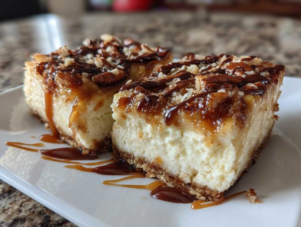 Deux barres cheesecake Samoa keto crémeuses sur une assiette blanche, garnies de noix et de caramel.