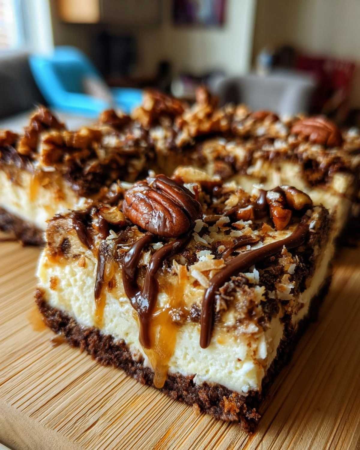 Gros plan sur une barre cheesecake Samoa keto avec noix de pécan, noix de coco et sauce au chocolat.
