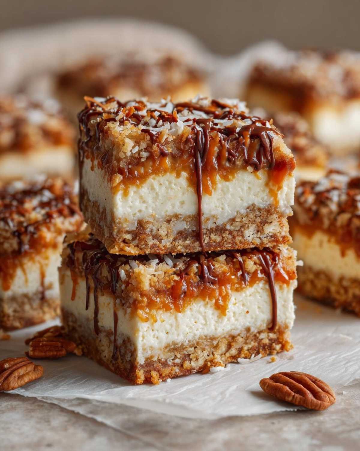Gros plan sur des barres cheesecake Samoa keto empilées, garnies de chocolat et de noix de coco.