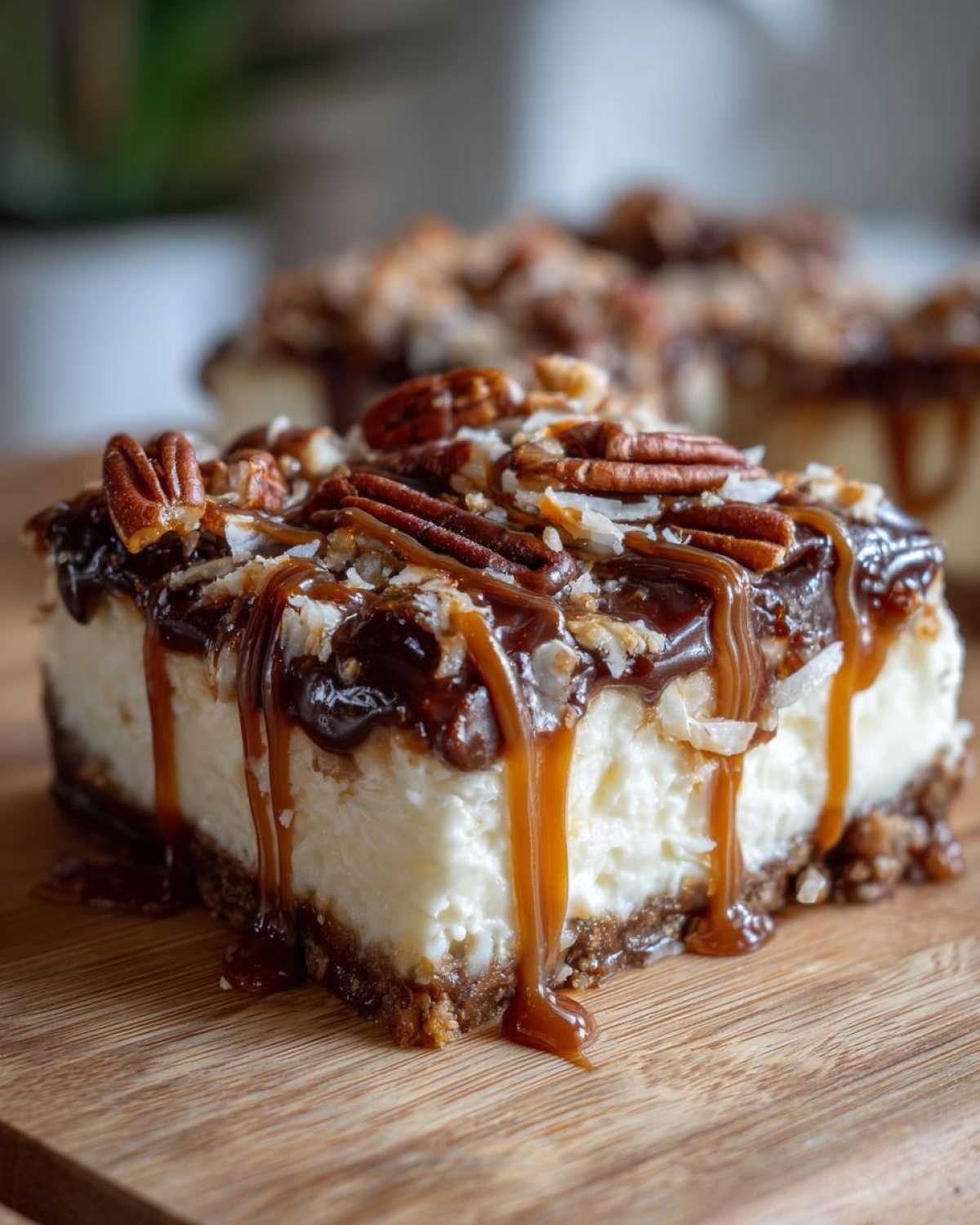 Gros plan d'une barre cheesecake Samoa keto avec glaçage au chocolat, noix de pécan et noix de coco râpée.