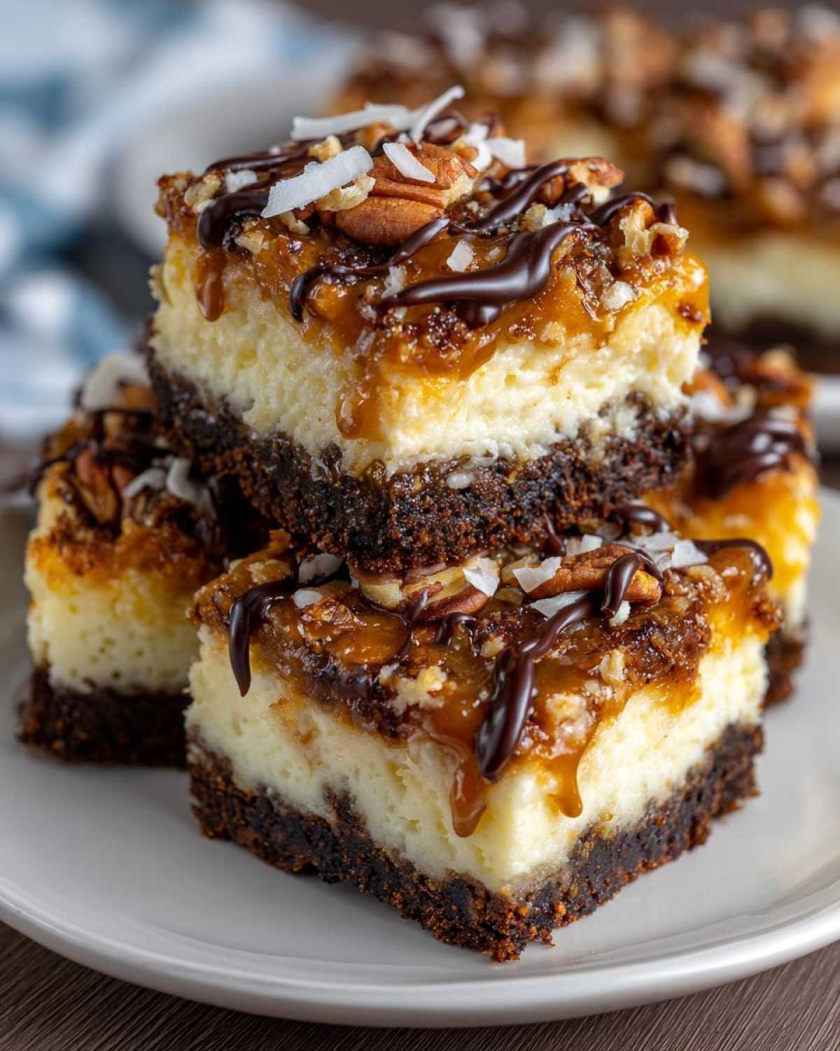 Gros plan de barres cheesecake Samoa keto avec garniture au chocolat, caramel et noix de pécan.