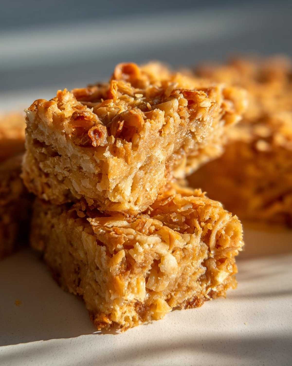Gros plan sur des barres coco low-carb croustillantes et dorées, parfaites pour une collation saine.