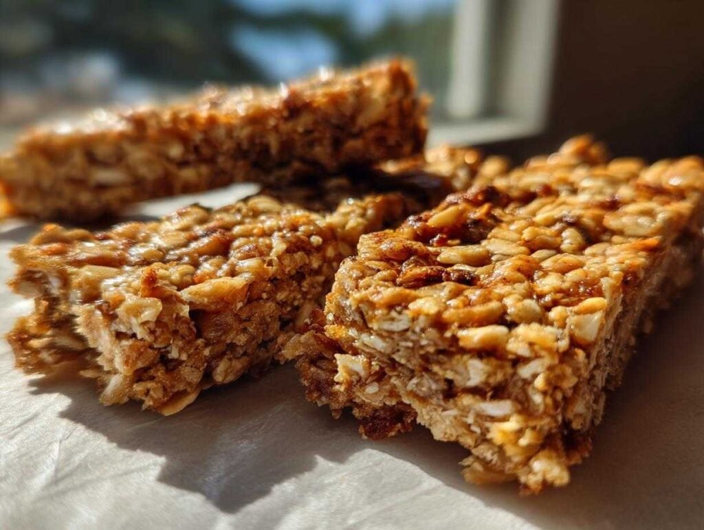 Gros plan sur des barres coco low-carb faites maison, avec des flocons d'avoine, des graines et un glaçage brillant.
