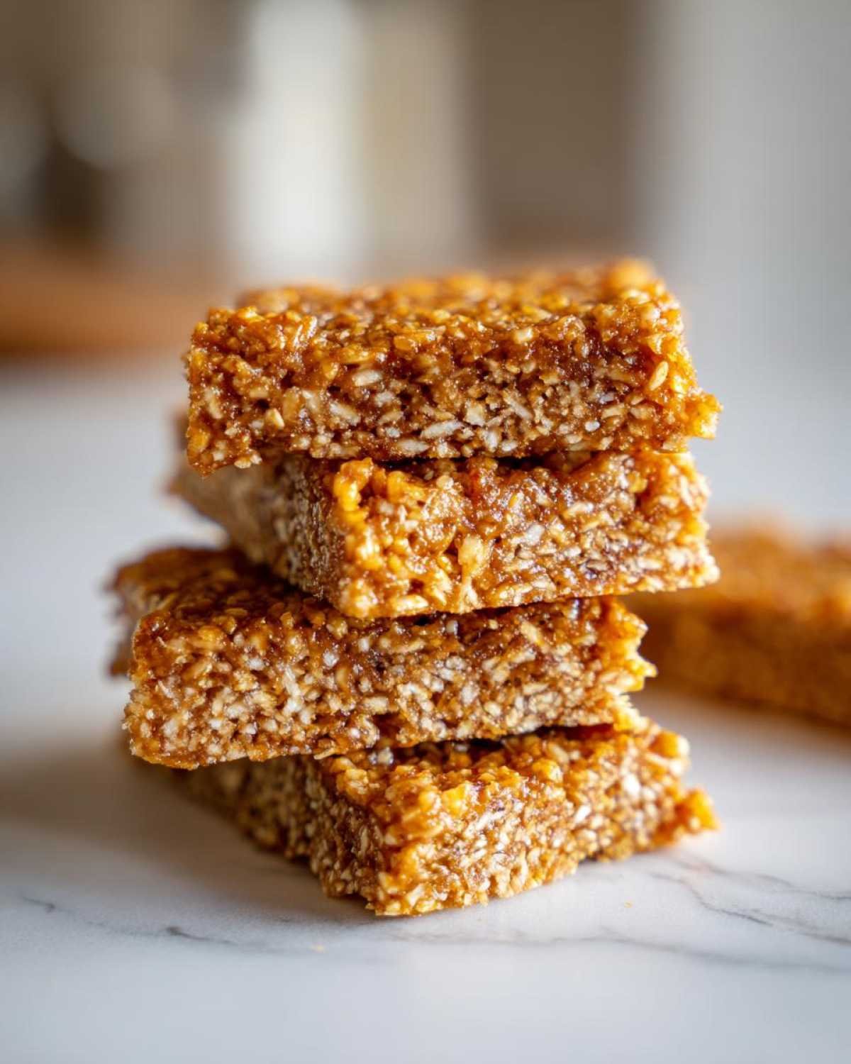 Gros plan de barres coco low-carb empilées, montrant la texture des flocons de noix de coco et du liant caramélisé.