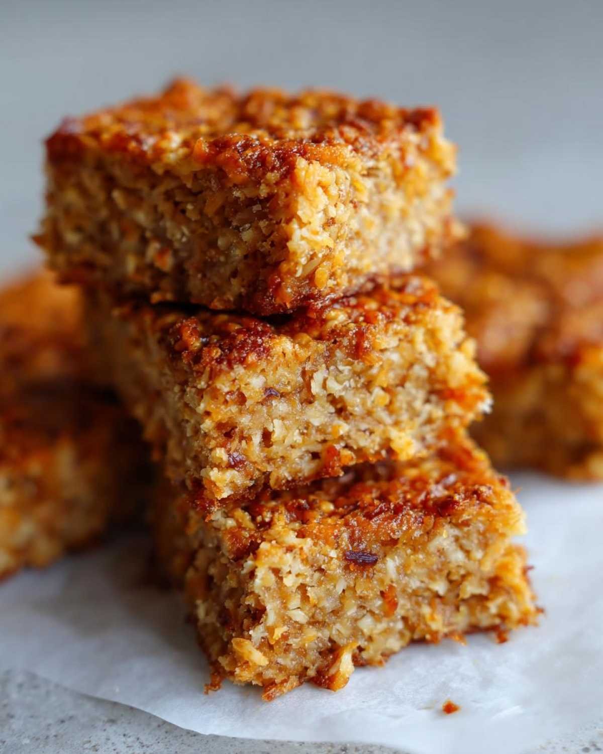 Gros plan de barres coco low-carb empilées, montrant leur texture et leur couleur dorée.