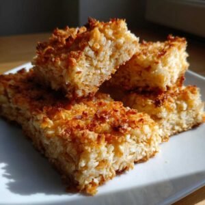 Gros plan sur des barres coco low-carb dorées et appétissantes, garnies de noix de coco grillée.