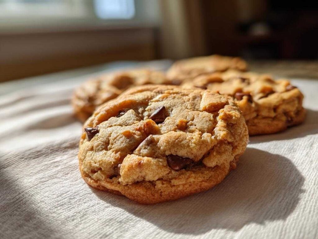Gros plan sur des bites cookie dough au yaourt grec, parsemées de pépites de chocolat, sur une serviette blanche.