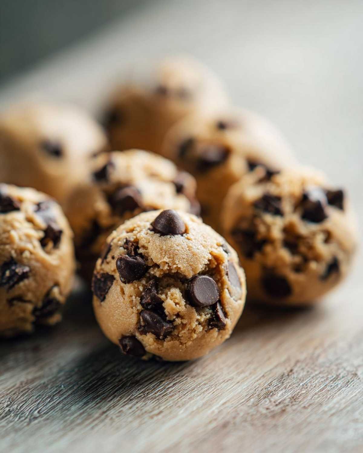 Gros plan sur des bites cookie dough au yaourt grec parsemées de pépites de chocolat sur une planche en bois.