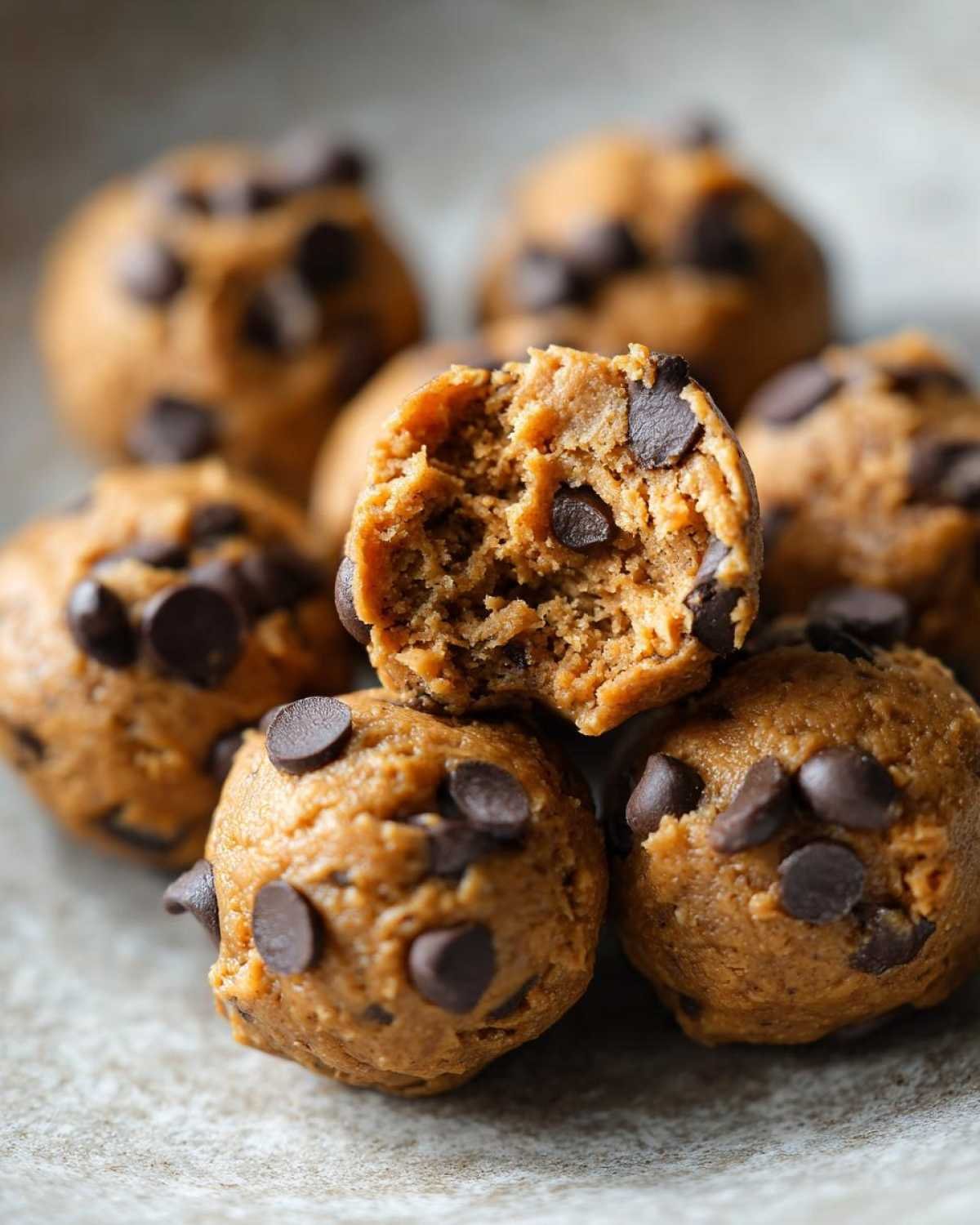Gros plan sur des bites cookie dough au yaourt grec, une bouchée est visible, révélant des pépites de chocolat.