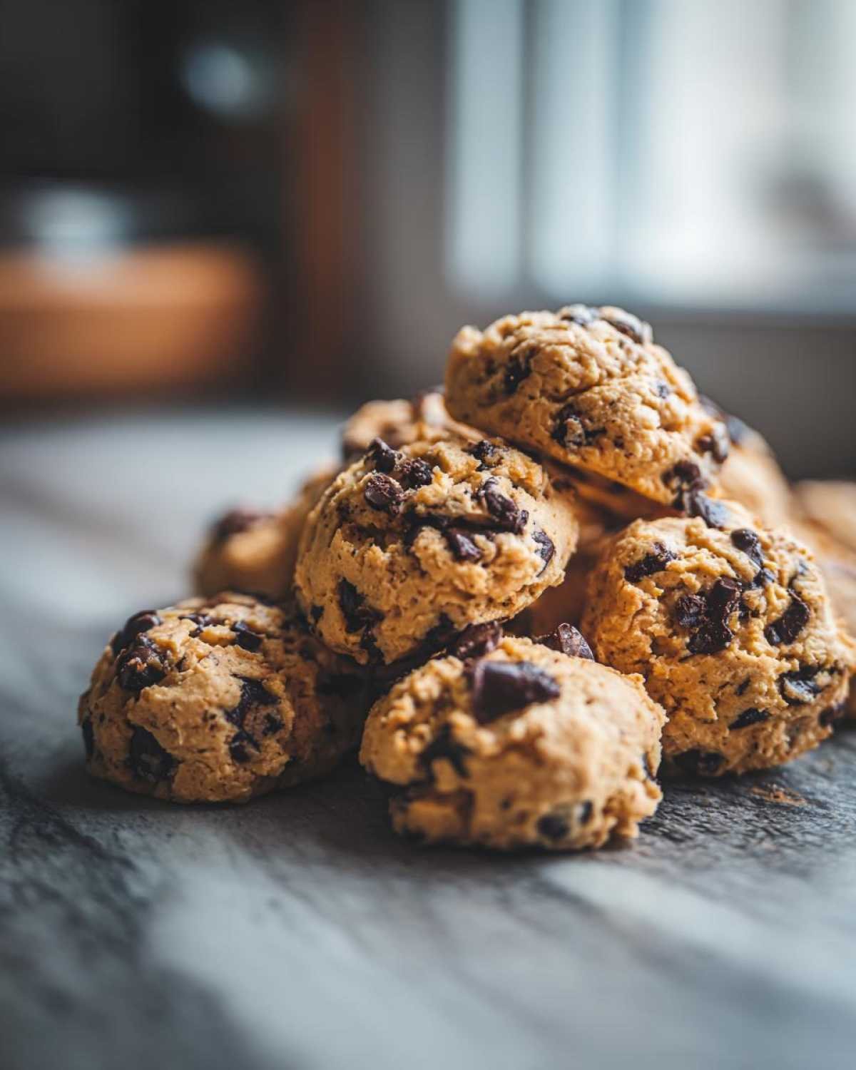 Gros plan de bites cookie dough au yaourt grec parsemées de pépites de chocolat sur une surface en bois.