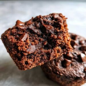 Gros plan d'une bouchée protéinée brownie au cottage cheese, avec des pépites de chocolat.