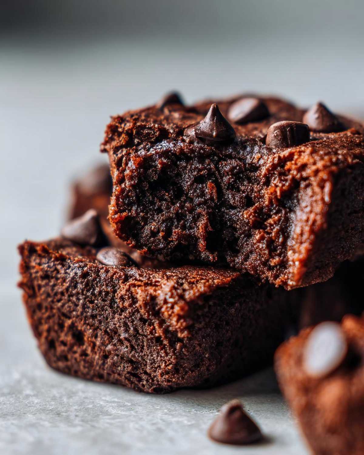 Gros plan sur des bites protéinés brownie au cottage cheese, parsemés de pépites de chocolat.