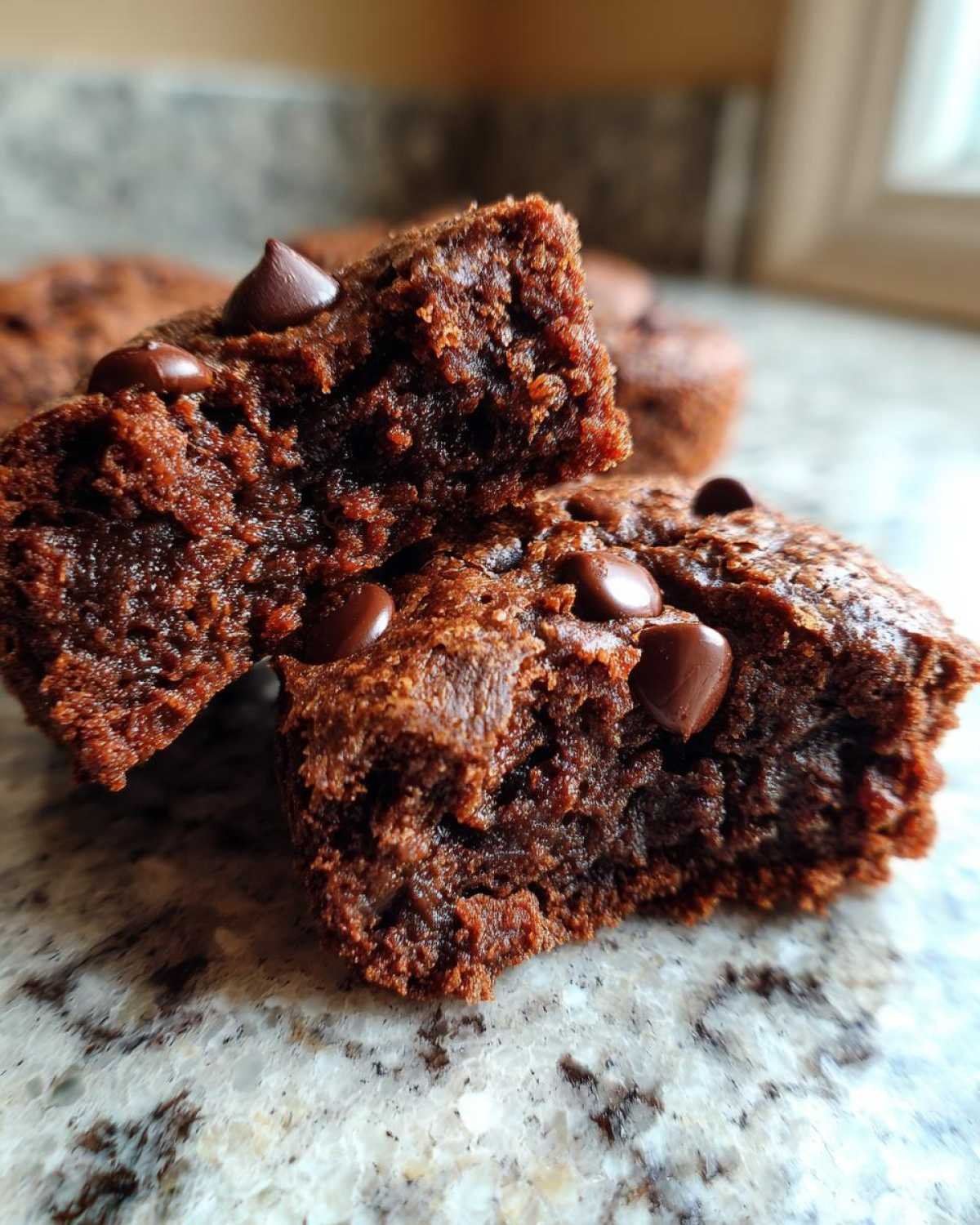 Gros plan de bites protéinés brownie au chocolat, garnies de pépites de chocolat.