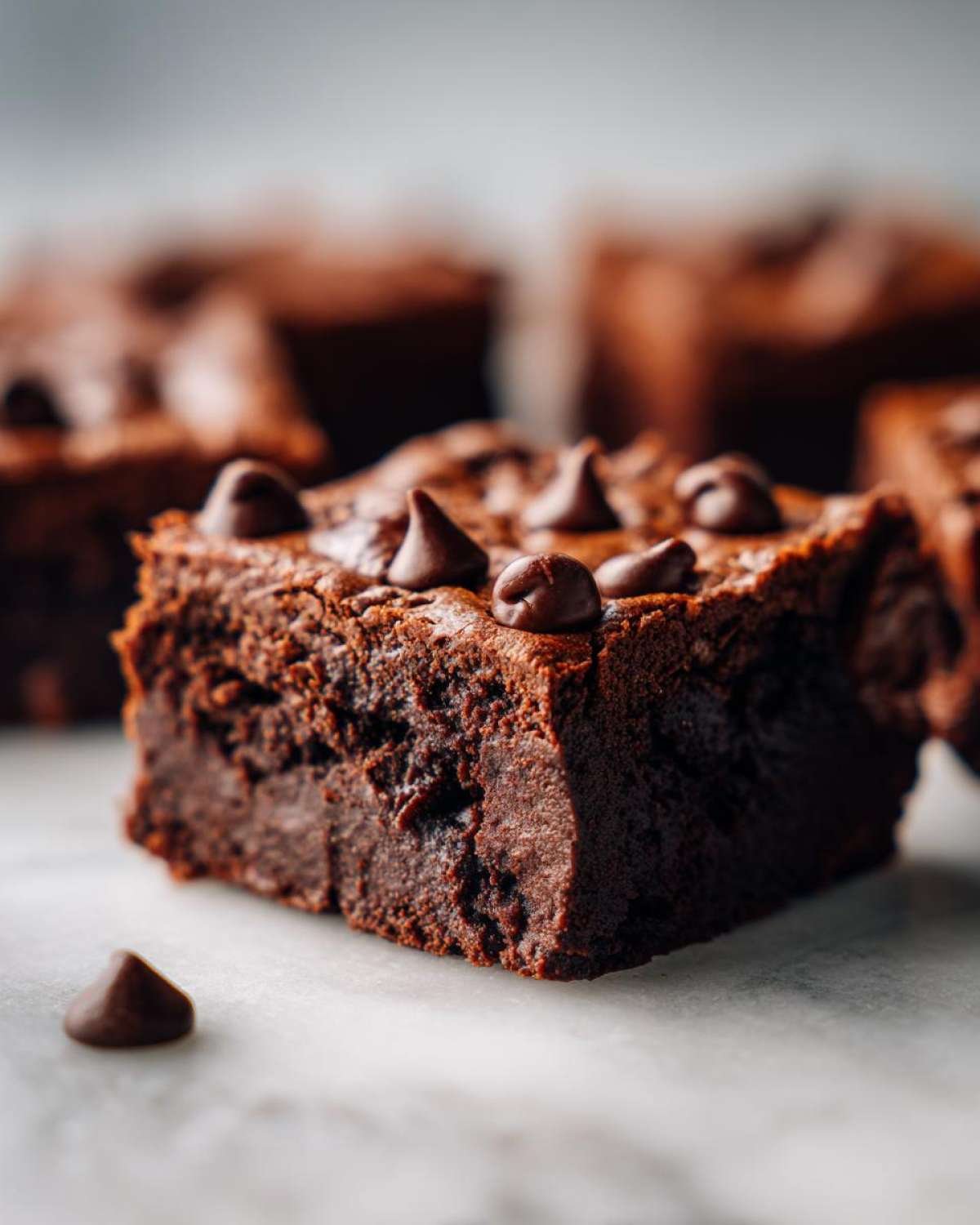 Gros plan d'une bouchée protéinée brownie au chocolat, garnie de pépites de chocolat.