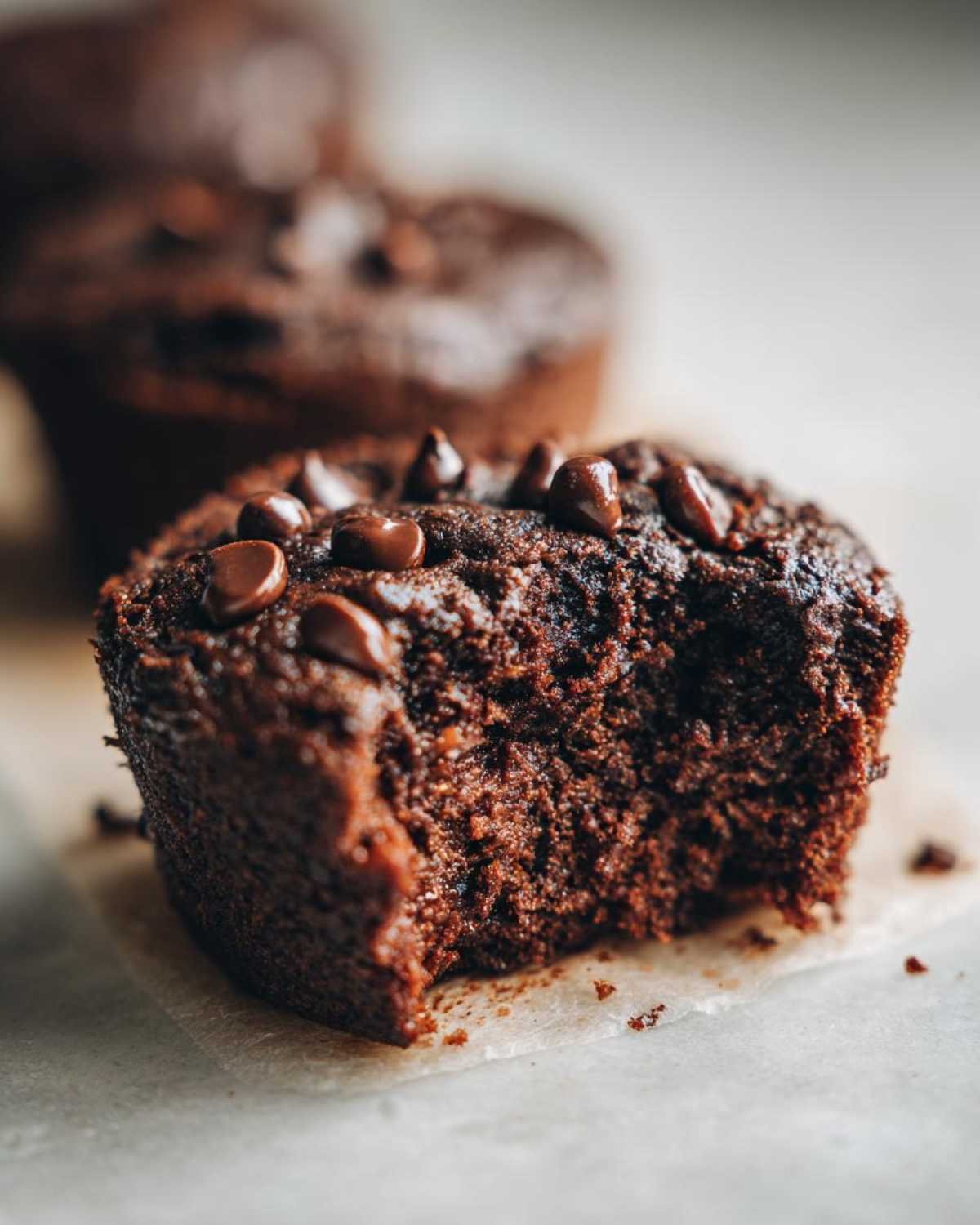 Gros plan sur un bite protéiné brownie au chocolat avec des pépites de chocolat, une bouchée retirée.