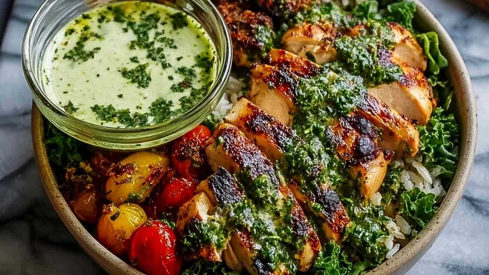 Bol coloré avec poulet grillé, légumes frais et sauce chimichurri