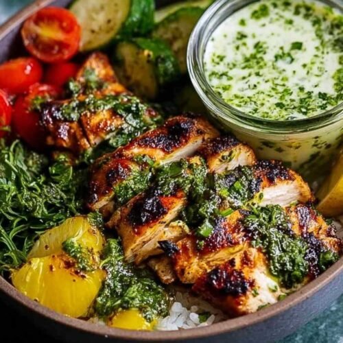 Bol coloré avec poulet grillé, légumes frais et sauce chimichurri