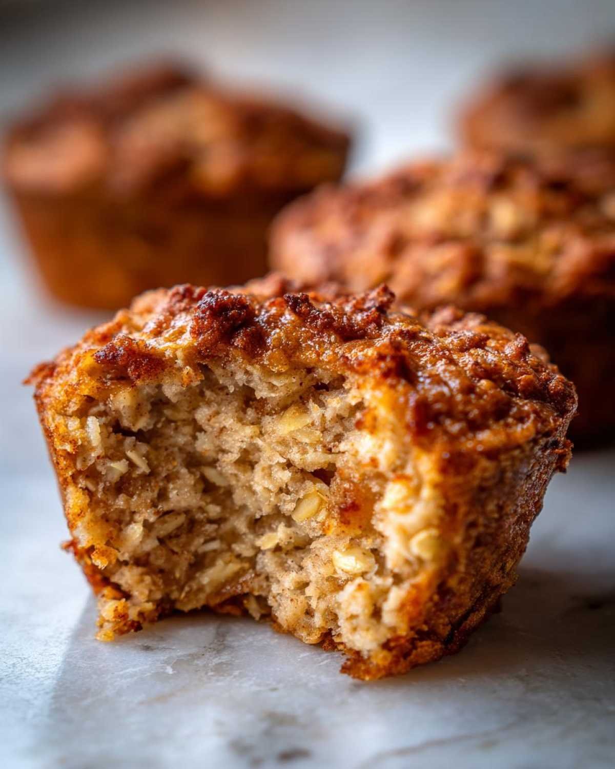 Gros plan d'une bouchée au fromage blanc pomme cannelle avec une bouchée retirée, montrant la texture moelleuse et les flocons d'avoine.