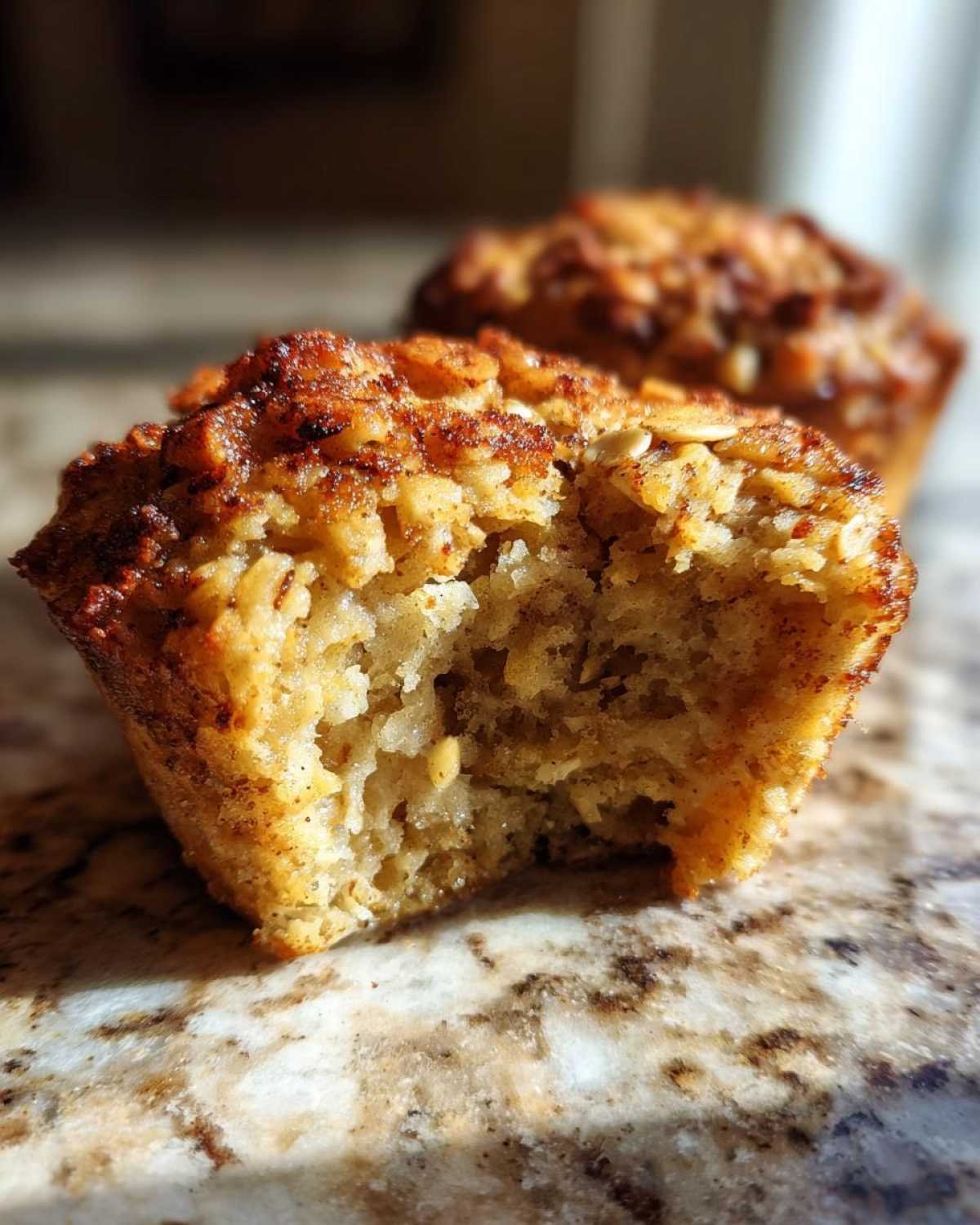Gros plan sur une bouchée au fromage blanc pomme cannelle, avec une bouchée retirée révélant la texture moelleuse.