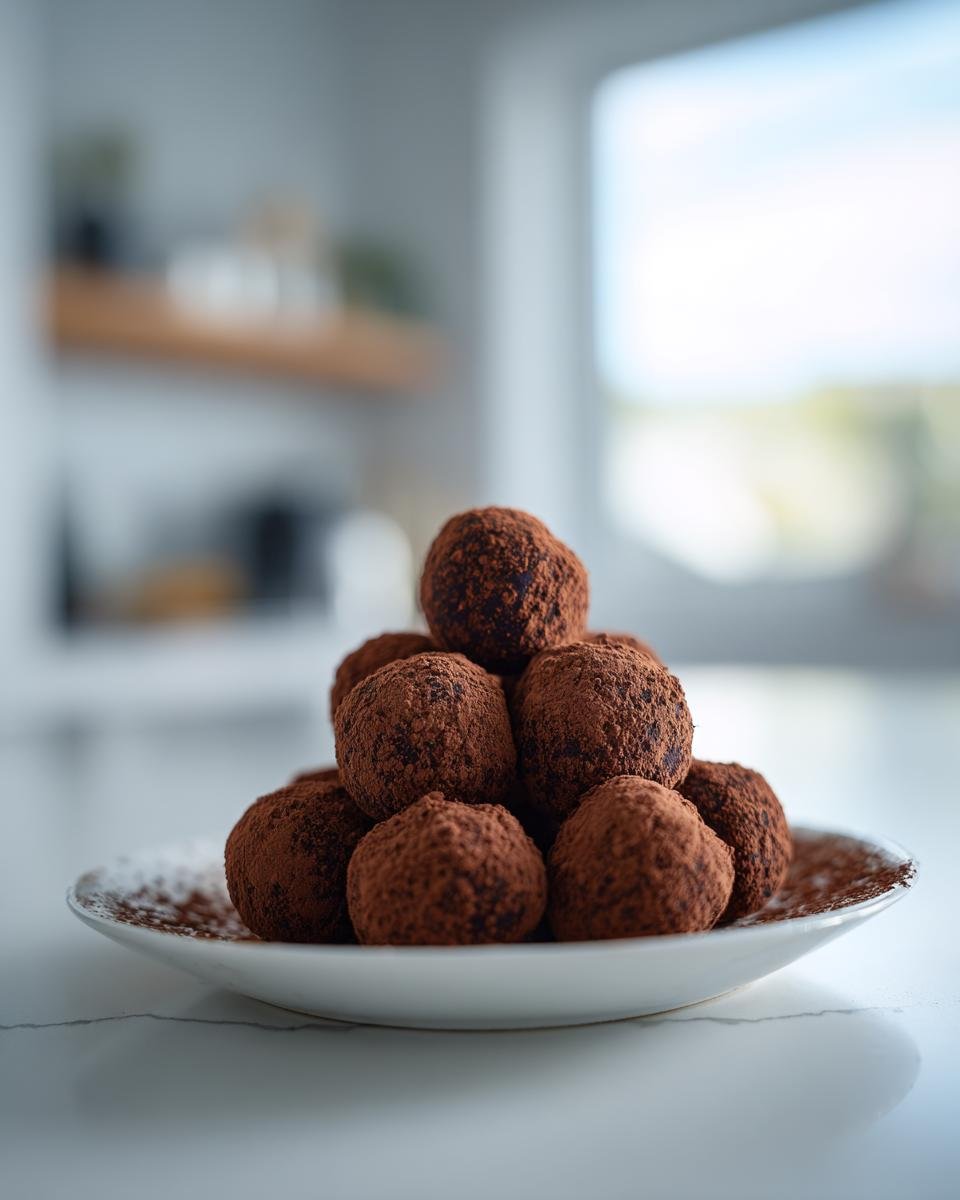 Gros plan sur une pile de boules de Tiramisu enrobées de cacao en poudre sur une assiette blanche.