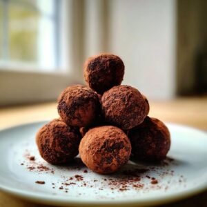Gros plan sur une pile de boules de Tiramisu saupoudrées de cacao en poudre sur une assiette.