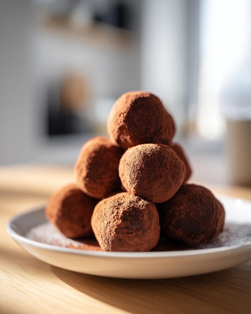 Gros plan de boules de Tiramisu saupoudrées de cacao sur une assiette blanche.