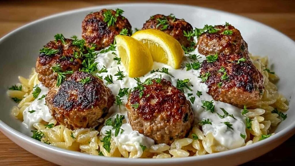Boulettes grecques orzo citronné avec crème de feta recette méditerranéenne