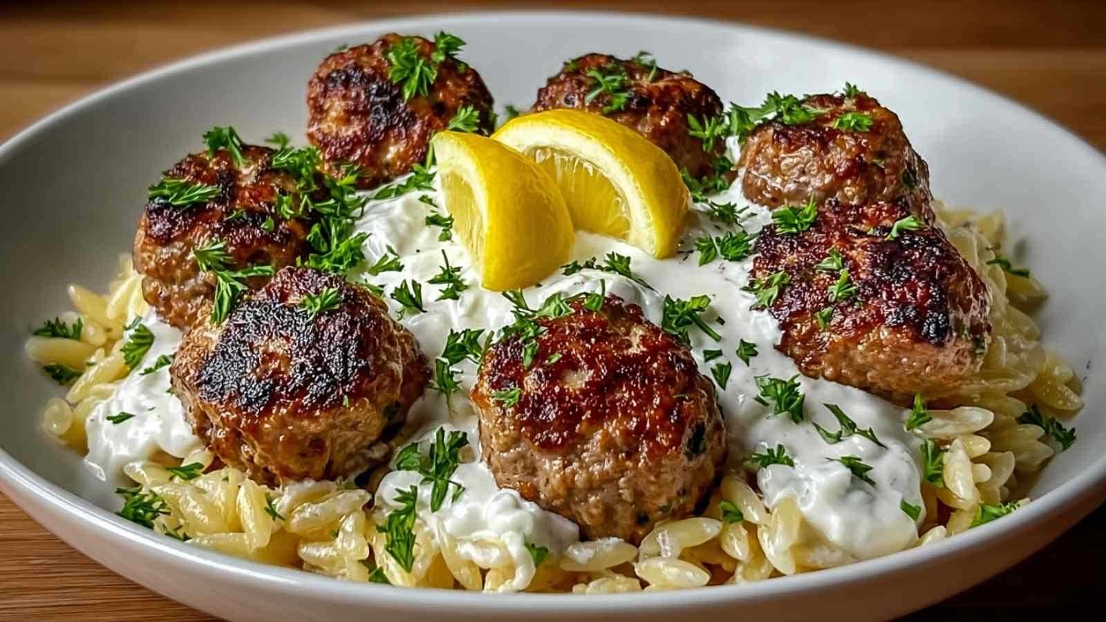 Boulettes grecques orzo citronné avec crème de feta recette méditerranéenne