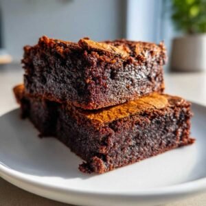Gros plan de deux brownies à la citrouille 4 ingrédients empilés sur une assiette blanche, avec une texture riche et chocolatée.