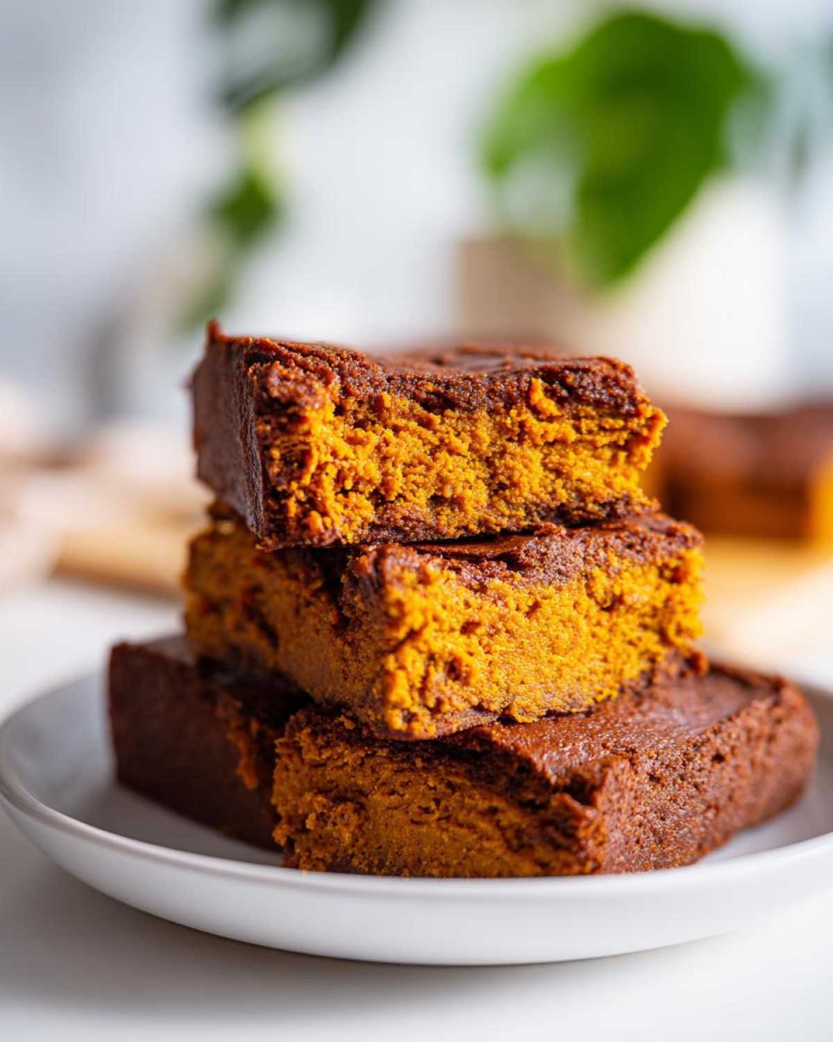 Pile de brownies à la citrouille 4 ingrédients, texture moelleuse et couleur orangée vibrante.