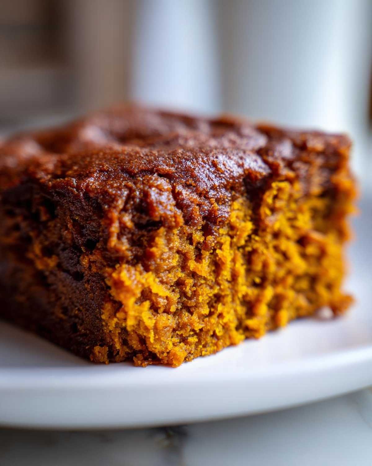 Gros plan d'une tranche de brownie citrouille 4 ingrédients sur une assiette blanche.