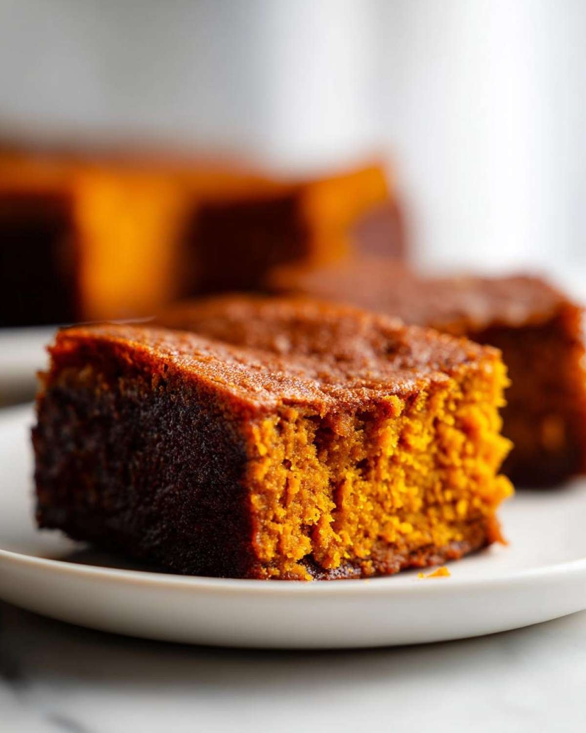 Gros plan d'une tranche de brownie citrouille 4 ingrédients sur une assiette blanche.