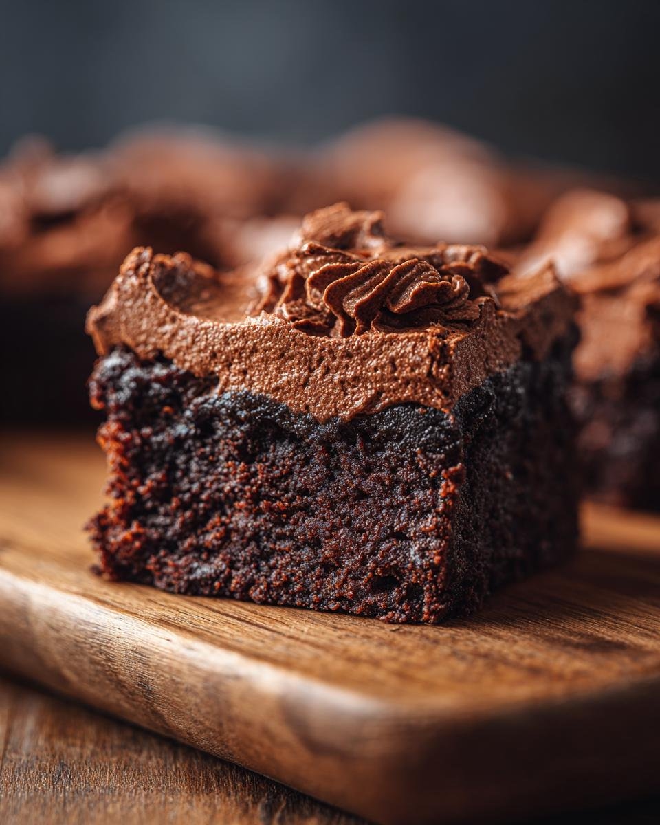 Gros plan sur une tranche de brownie mousse chocolat, avec un glaçage onctueux sur un brownie moelleux.