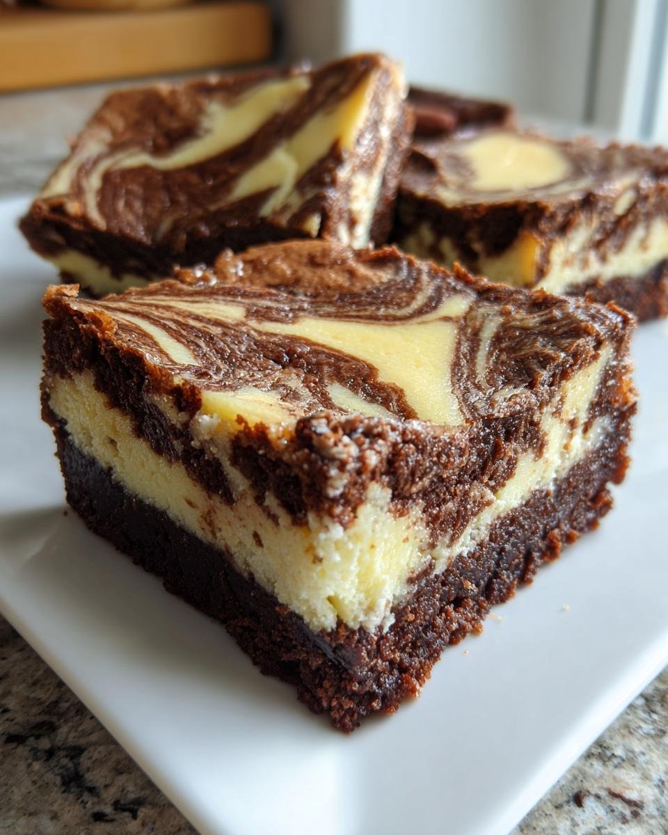 Gros plan sur des brownies cheesecake marbrés au chocolat et à la crème, prêts à être dégustés.