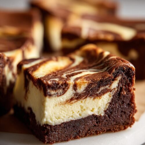 Gros plan sur une tranche de brownies cheesecake marbrée au chocolat et à la crème.