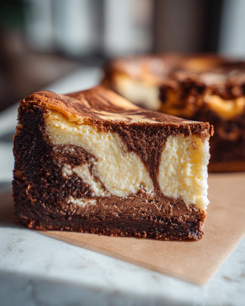 Gros plan d'une tranche de brownies cheesecake avec un marbrage chocolaté et crémeux.