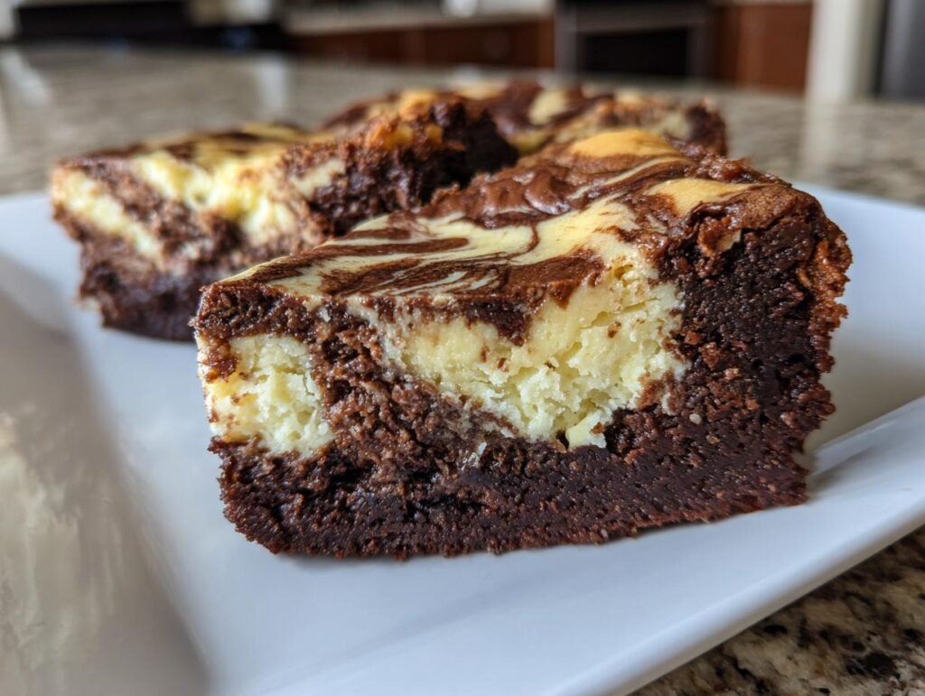 Tranche de Brownies Cheesecake avec tourbillons de chocolat et de fromage crémeux.