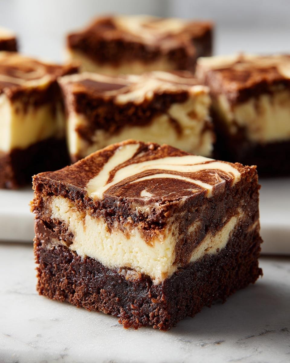 Gros plan d'une tranche de brownies cheesecake, montrant les couches de brownie au chocolat et de cheesecake marbré.